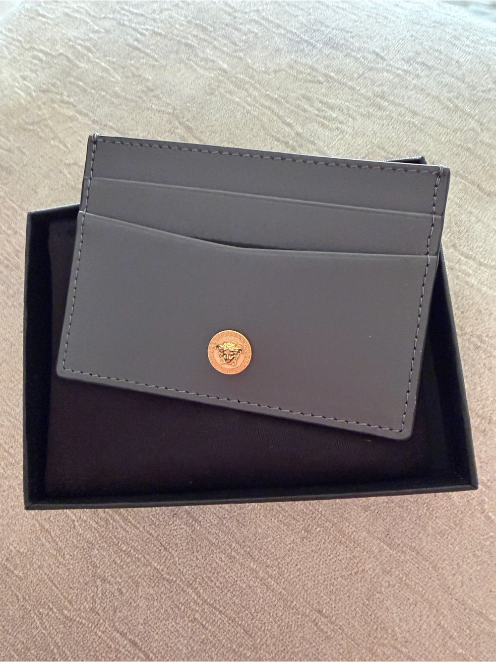 Versace Black Leather Card Holder with Signature Gold Medallion
